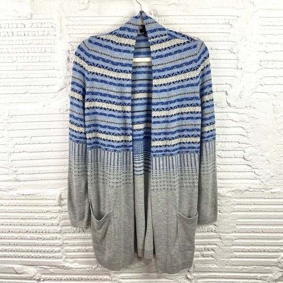 Talbots Lambswool Blend Open Front Long Cardigan Gray & Blue Nordic Print XS - Picture 1 of 16